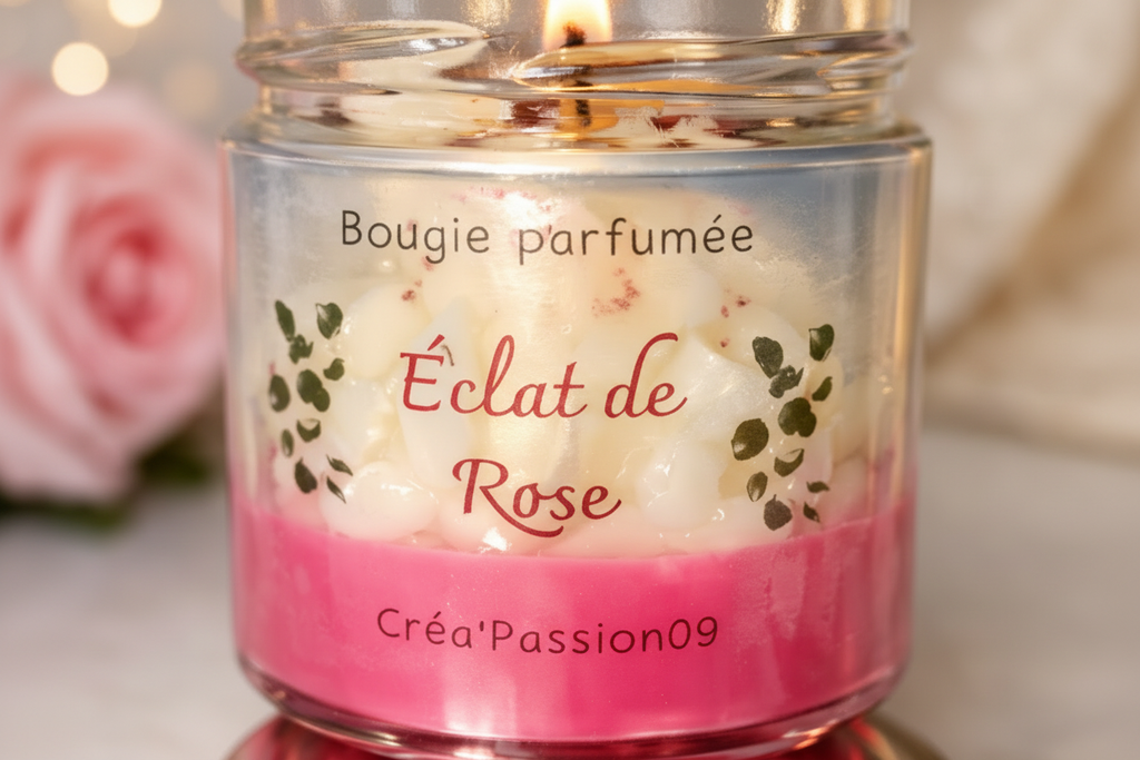 Détail bougie parfumée rose Créa'Passion09, fabrication artisanale française, cire naturelle florale