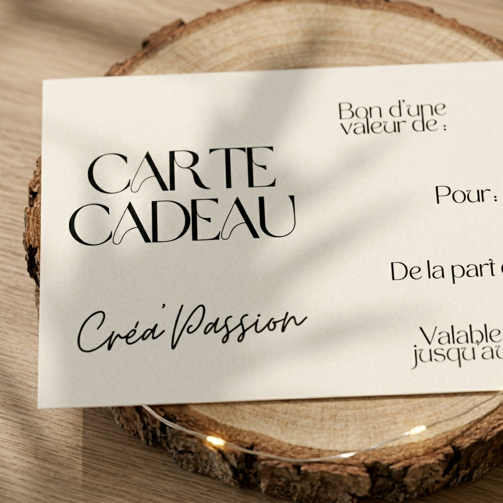 Gros plan de la carte cadeau Créa’Passion, typographie noire sur papier crème et champs à remplir, posée sur un rondin avec guirlande.