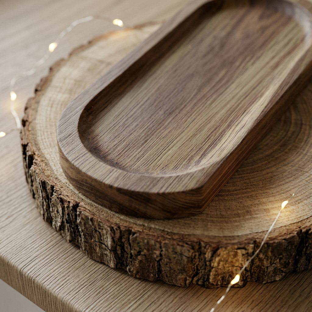 Gros plan du rebord arrondi et du veinage naturel d’un plateau en bois brun, posé sur un rondin avec guirlande lumineuse.