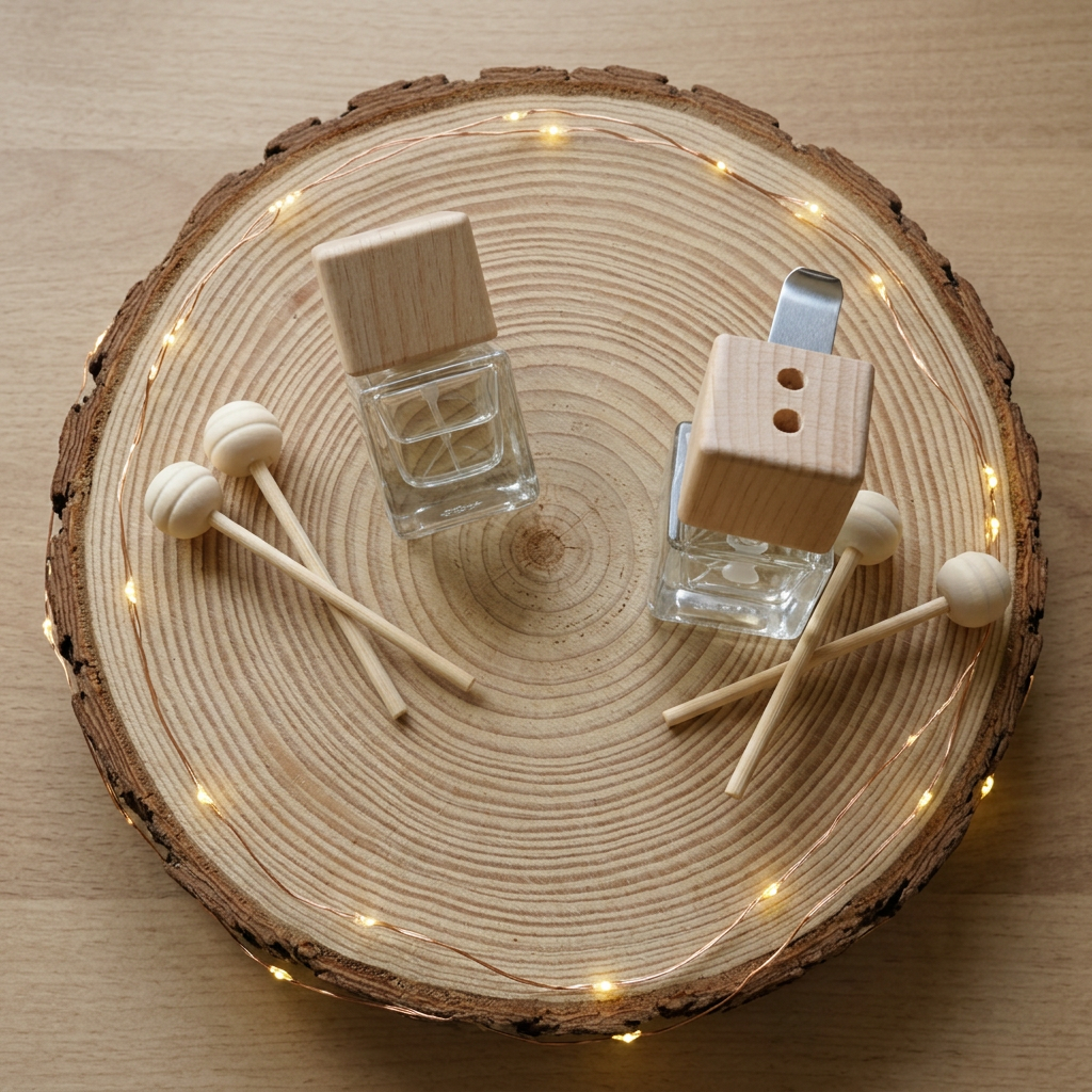 Deux diffuseurs en verre transparent à bouchons en bois,  avec clip, accompagnés de quatre bâtons à boules sur un rondin lumineux.