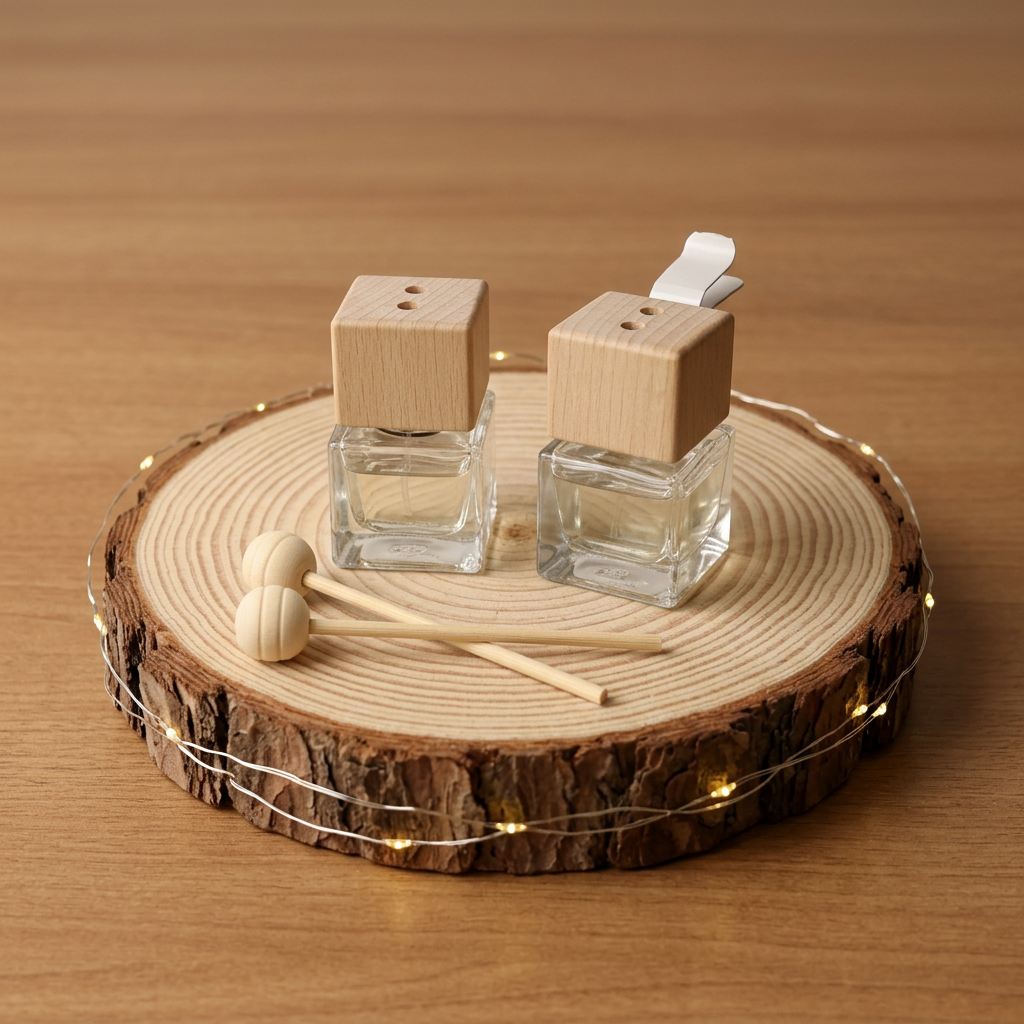 Deux diffuseurs Noix de coco en verre à bouchons en bois, avec quatre bâtons à boules, sur un rondin entouré d’une guirlande lumineuse.