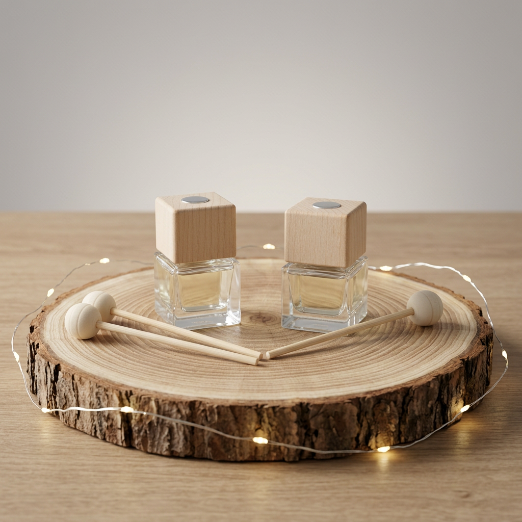 Deux diffuseurs Linge frais en verre transparent à bouchons en bois, avec leurs bâtons à boules, sur un rondin entouré d’une guirlande lumineuse.