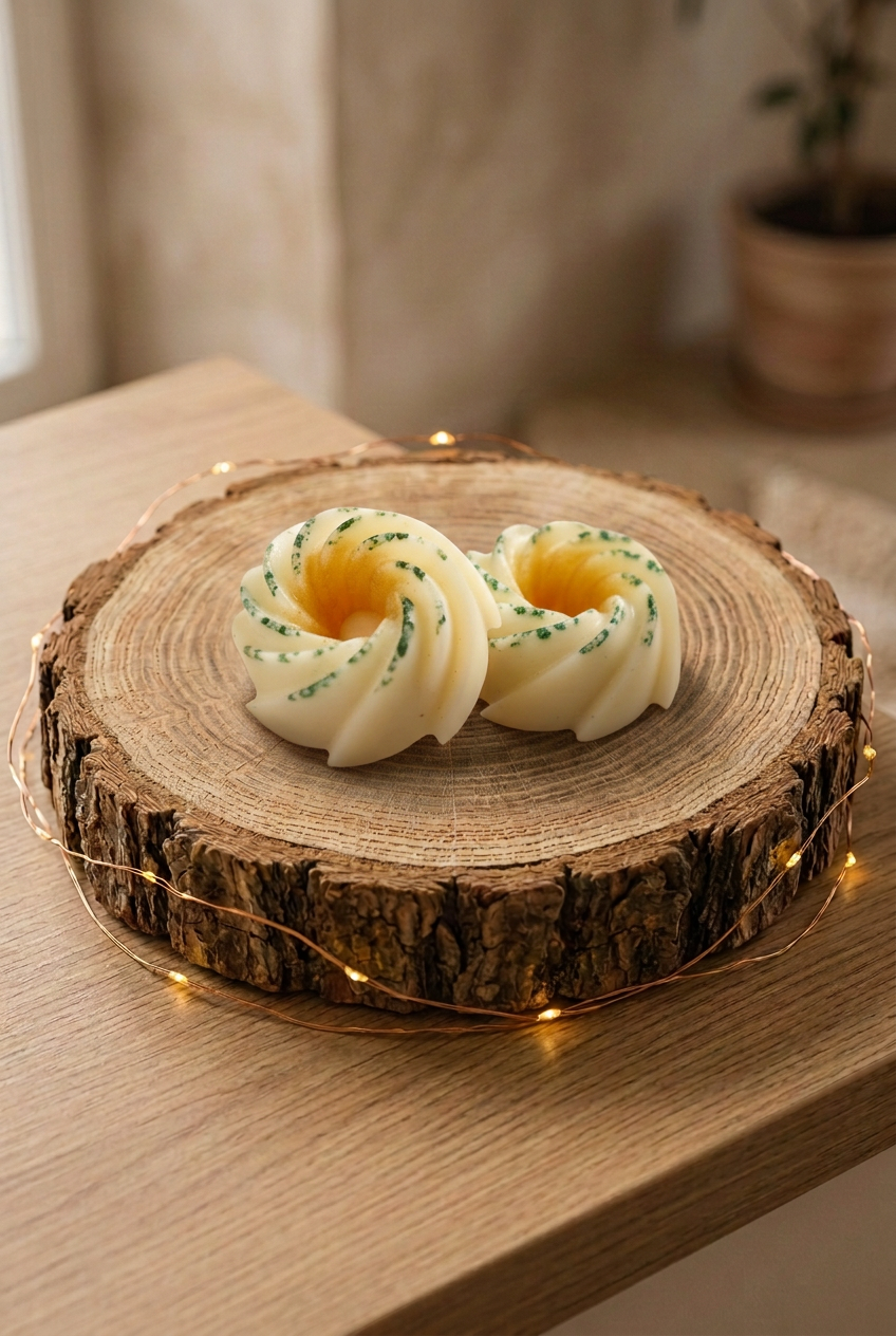  Deux fondants parfumés Figue ivoire aux éclats verts, en forme de spirale, posés sur un rondin de bois entouré d’une guirlande lumineuse.