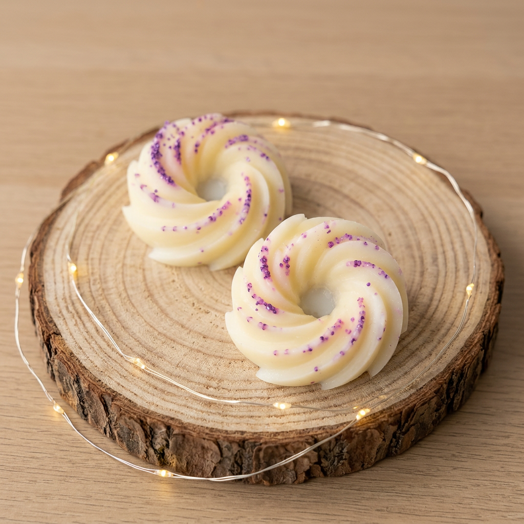  Deux fondants Lilas à paillettes violettes vus de trois quarts sur un rondin, avec une guirlande lumineuse et un plan de travail en bois clair.