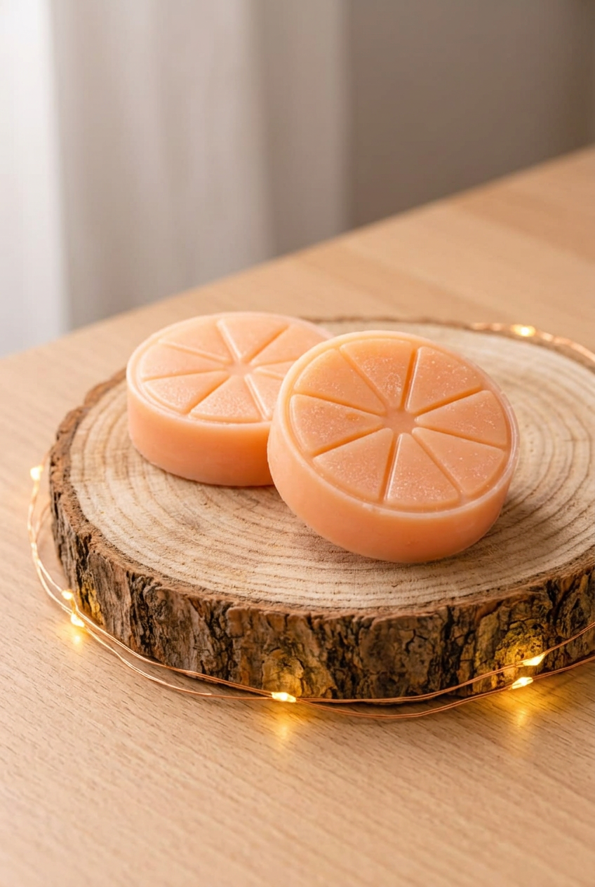 Deux fondants Mandarine Pétillante orange pastel, moulés en tranches d’agrume, sur un rondin avec guirlande lumineuse.