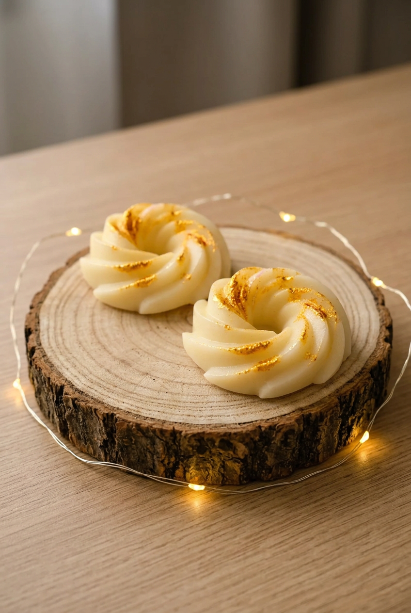 Deux fondants Pina Colada ivoire en spirale avec touches dorées, sur un rondin entouré d’une guirlande lumineuse.
