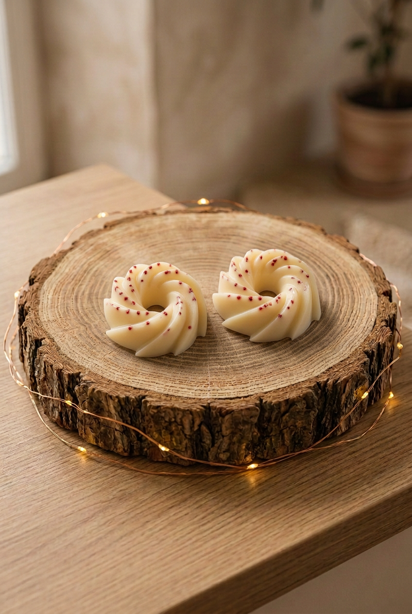  Deux fondants parfumés Pomme Cannelle ivoire à petits éclats rouges, en forme de spirale, sur un rondin de bois entouré d’une guirlande lumineuse.