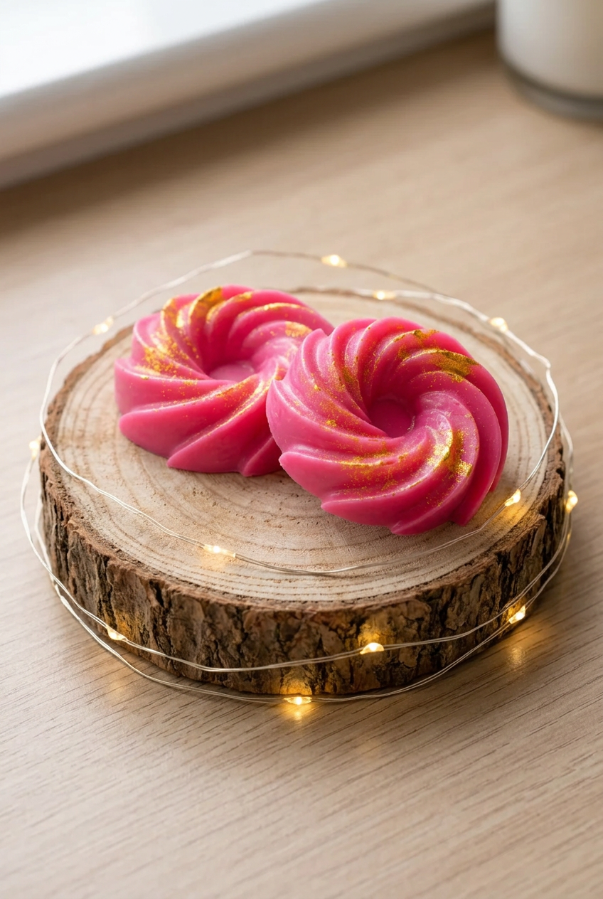  Deux fondants Rose d’Amour fuchsia en spirale avec touches dorées, sur un rondin entouré d’une guirlande lumineuse.