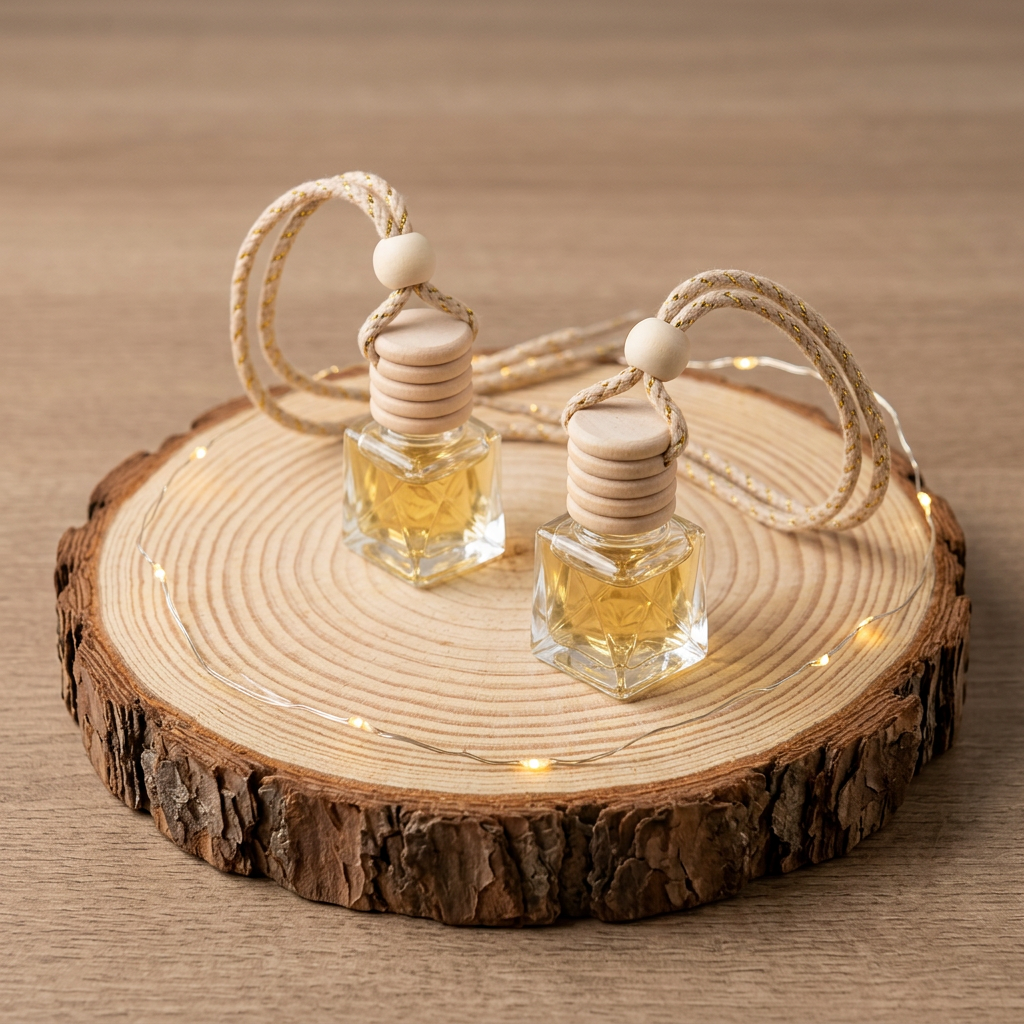  Deux suspensions Cannelle Dorée au liquide doré, avec bouchons en bois et cordons beige doré à perles, sur un rondin avec une guirlande lumineuse.