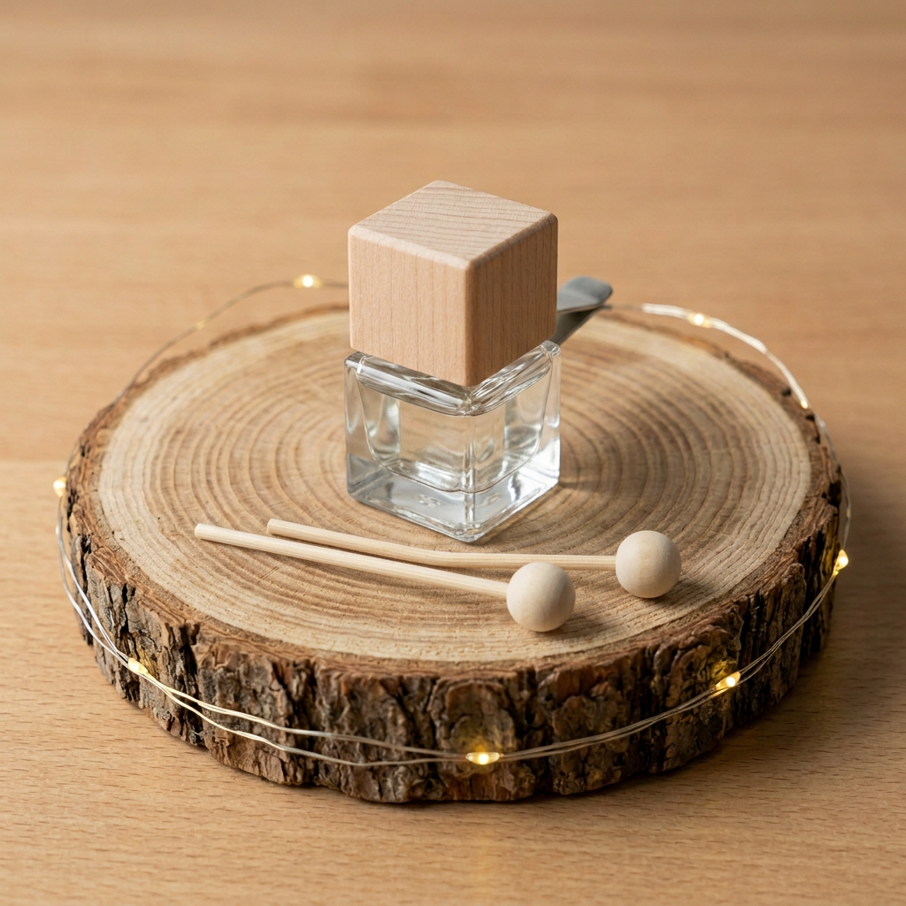 Diffuseur Linge frais à bouchon en bois et clip de fixation, accompagné de deux bâtons à boules sur un rondin avec une guirlande lumineuse.
