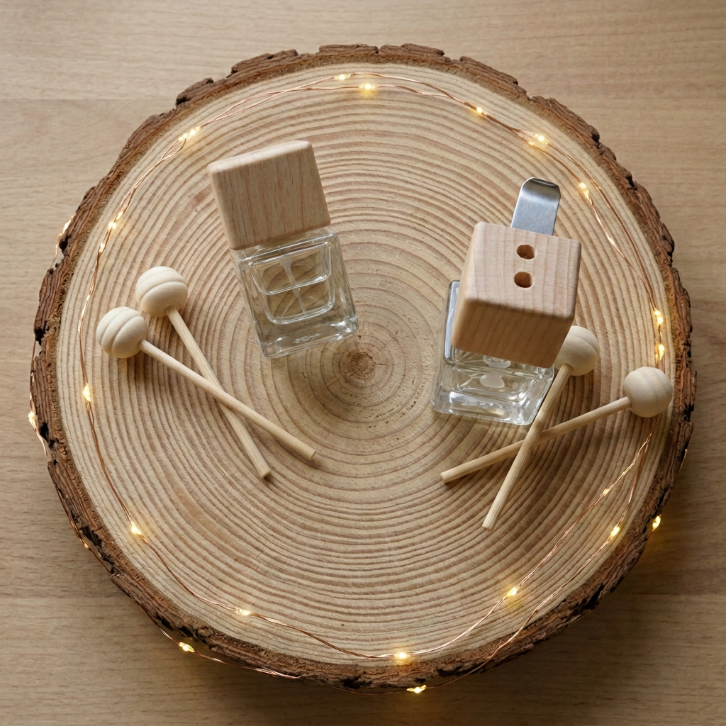  Deux diffuseurs Noix de coco à bouchons en bois, avec clip, accompagnés de quatre bâtons à boules sur un rondin entouré d’une guirlande lumineuse.