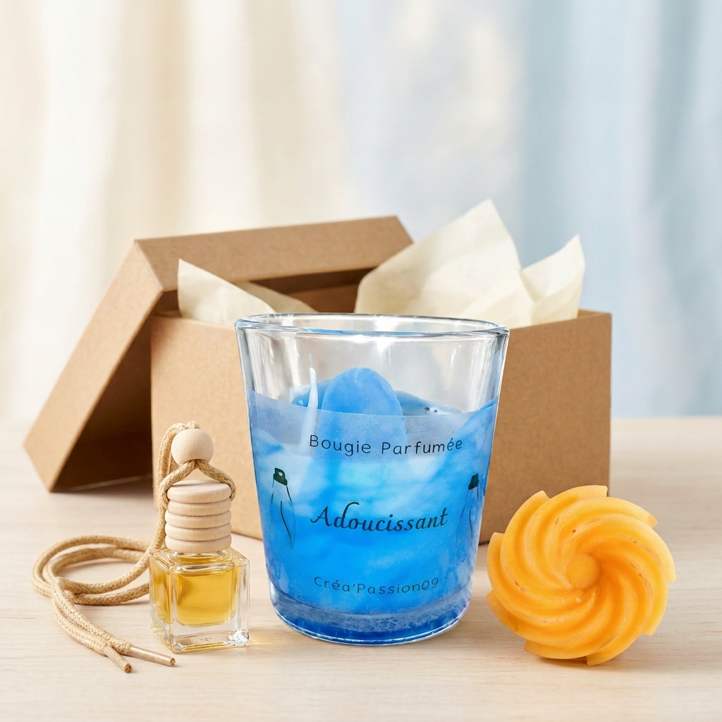 « Exemple de composition de box à composer : bougie bleue Adoucissant, suspension parfumée et fondant orange en spirale devant la boîte kraft. »