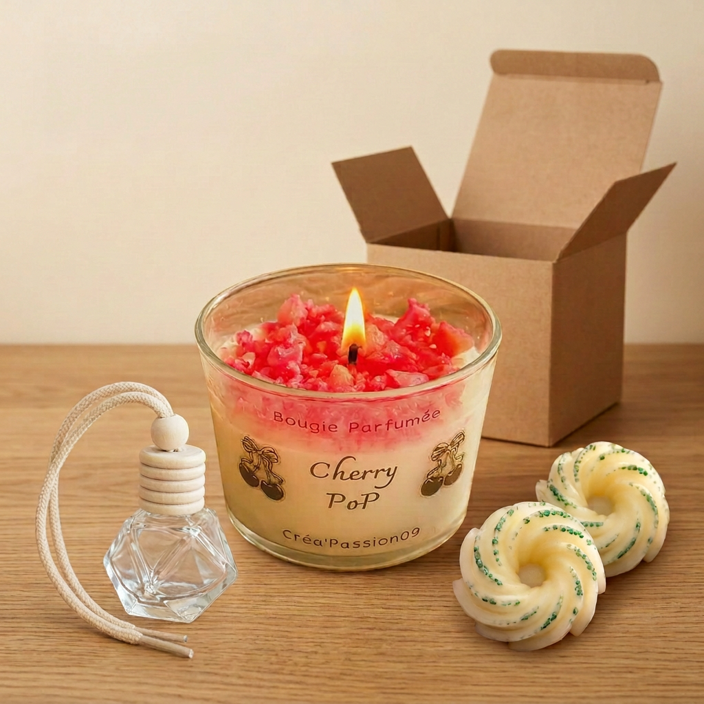  « Exemple de composition de box à composer : bougie parfumée Cherry Pop allumée, suspension parfumée et deux fondants blancs décorés de vert. »