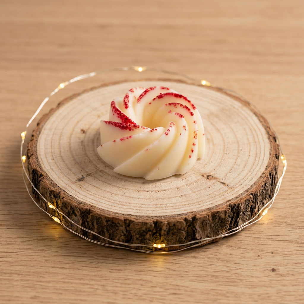 Fondant Cherry Pop ivoire aux reliefs torsadés et paillettes rouges, sur un rondin avec une petite guirlande, sur du bois clair.