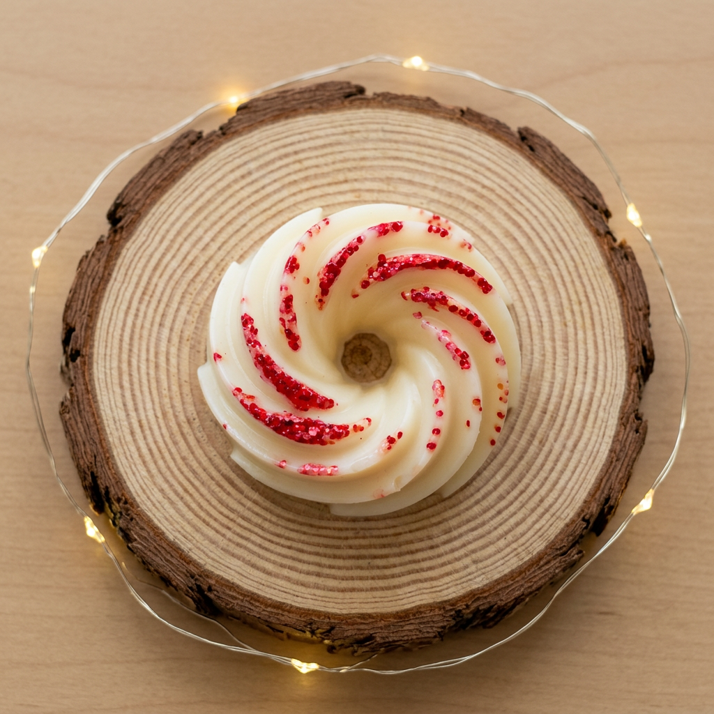  Fondant parfumé Cherry Pop ivoire en anneau torsadé à paillettes rouges, vu du dessus sur un rondin entouré d’une guirlande lumineuse.