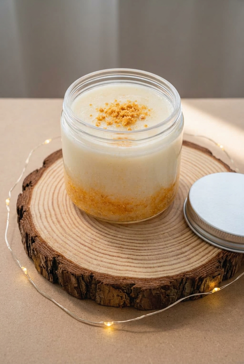  Fondant crémeux Pina Colada en pot ouvert, couches jaune et ivoire, couvercle argenté à côté, sur un rondin avec guirlande lumineuse.