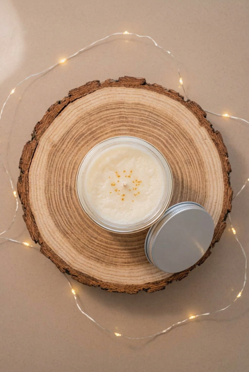 Pot ouvert de fondant crémeux Pina Colada vu de dessus, cire ivoire aux éclats dorés, sur un rondin avec guirlande lumineuse.