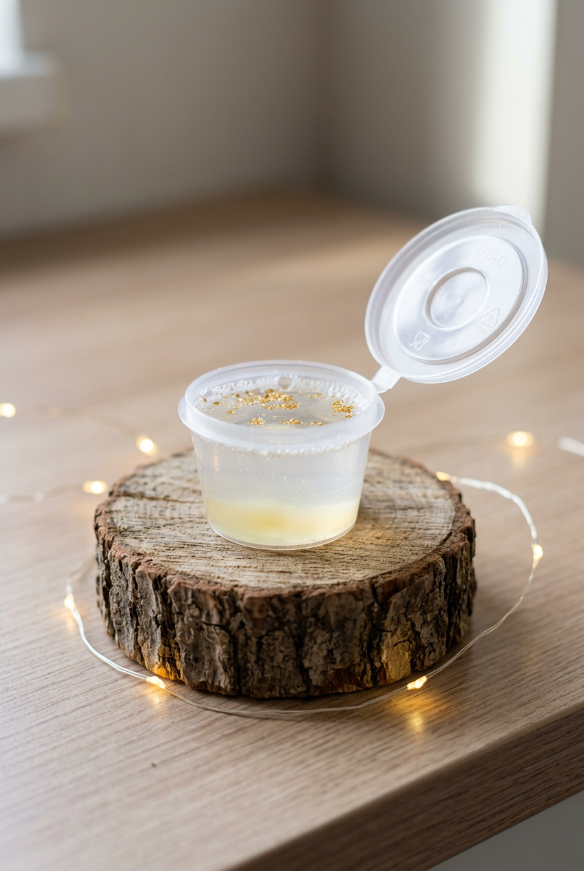 Fondant Jelly translucide aux paillettes dorées en pot ouvert, posé sur un rondin entouré d’une guirlande lumineuse.