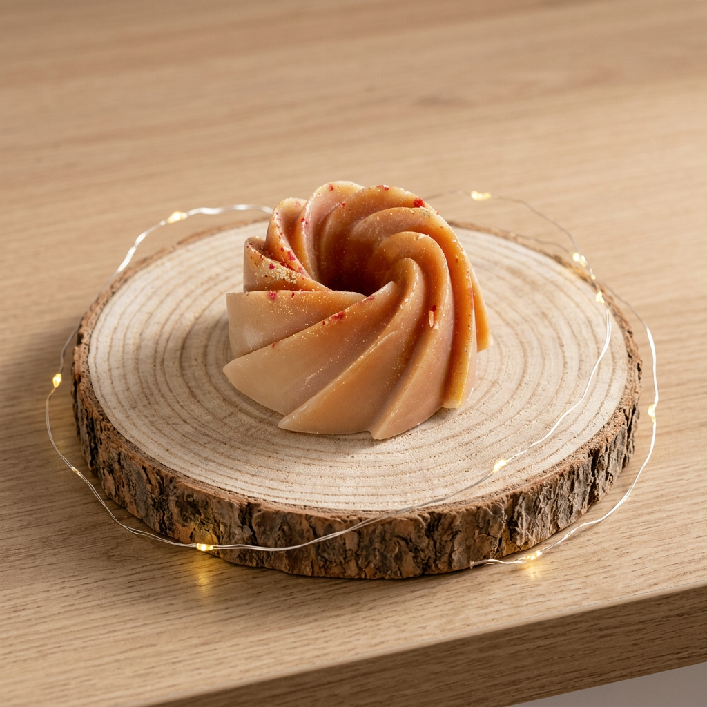  Fondant Fleur de Coton beige caramel aux reliefs torsadés, sur un rondin avec une guirlande lumineuse, posé sur du bois clair.