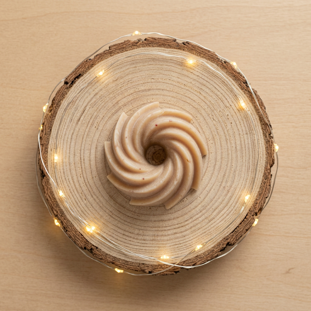  Fondant Fleur de Coton beige en spirale à centre creux, vu du dessus sur un rondin avec une petite guirlande lumineuse.