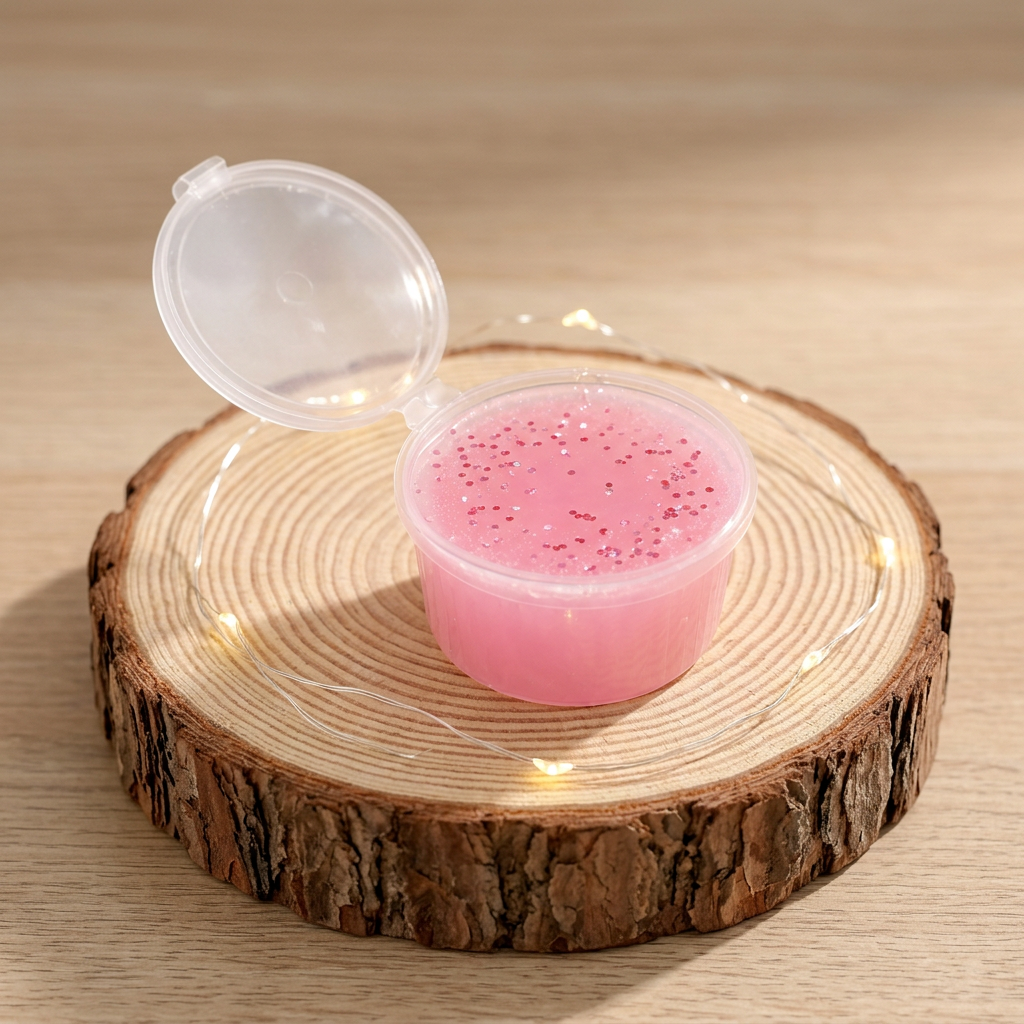Fondant Guimauve rose pailleté dans un pot transparent ouvert, posé sur un rondin avec une petite guirlande lumineuse.