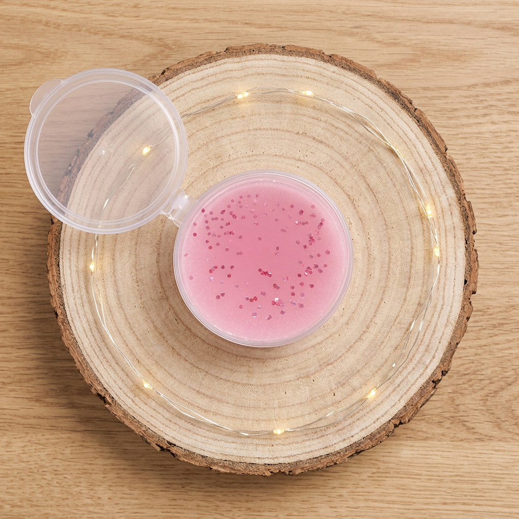  Fondant Guimauve vu du dessus, avec des paillettes sur sa surface rose, dans un pot ouvert sur un rondin de bois.