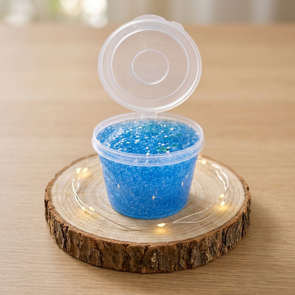 Fondant Jelly Adoucissant bleu dans un pot transparent ouvert, posé sur un rondin avec une petite guirlande lumineuse.