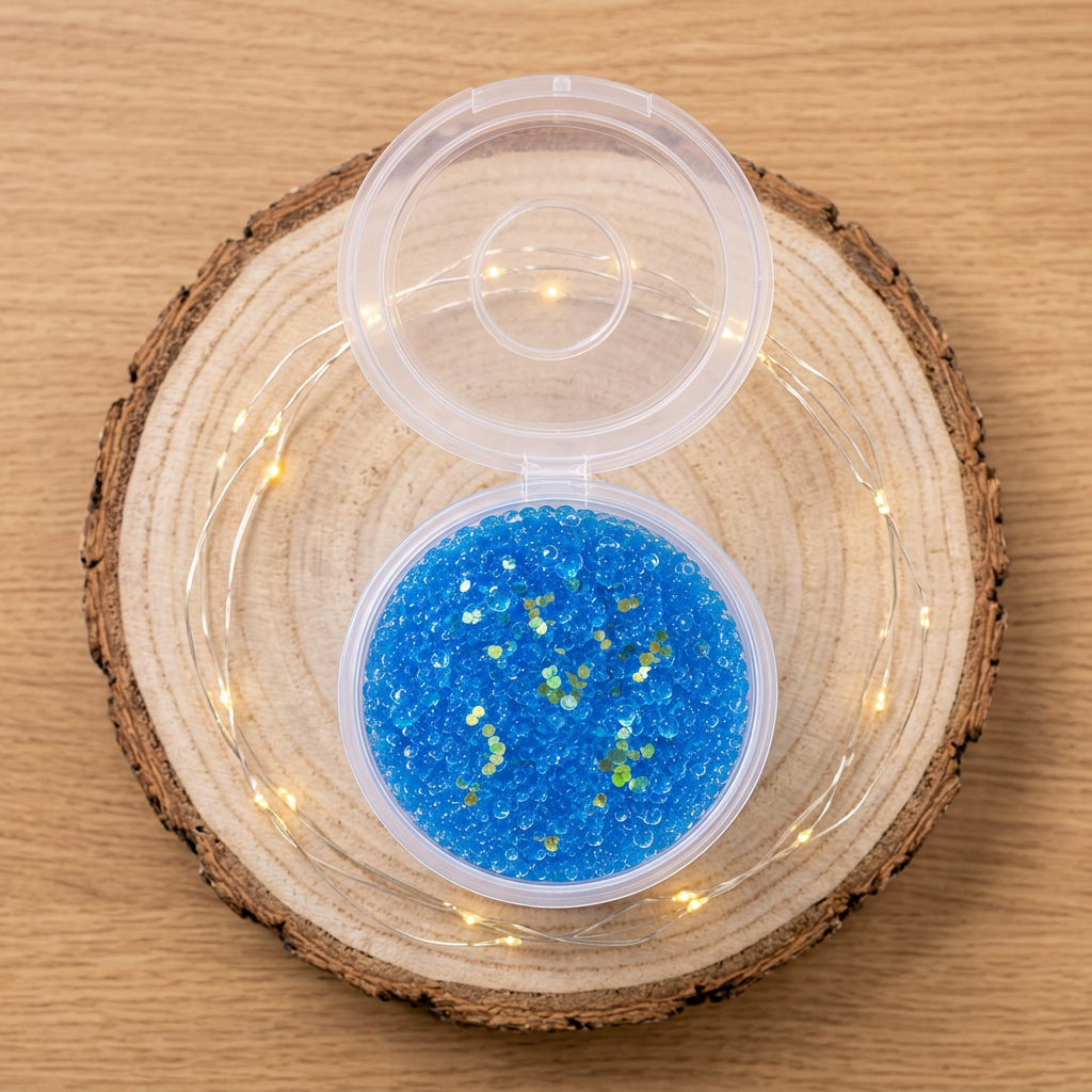 Fondant Jelly Adoucissant vu du dessus, avec une texture perlée bleue et des éclats irisés, dans un pot ouvert sur un rondin de bois.