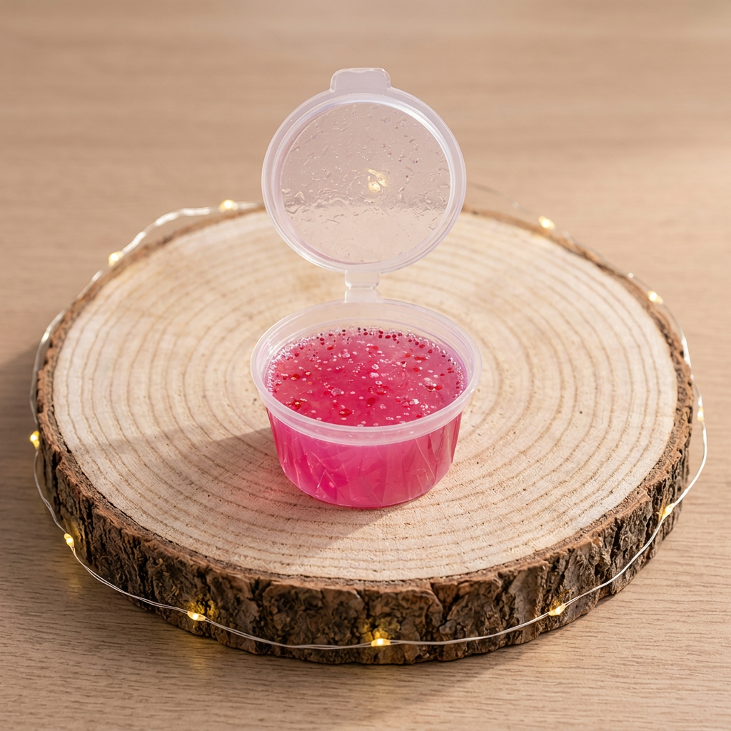  Fondant Jelly Barbe à papa rose dans un pot transparent ouvert, posé sur un rondin entouré d’une guirlande lumineuse.