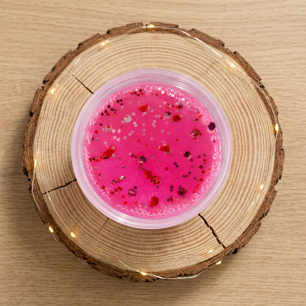 Fondant Jelly Barbe à papa vu du dessus, avec des paillettes rouges et argentées sur sa surface rose, sur un rondin de bois.