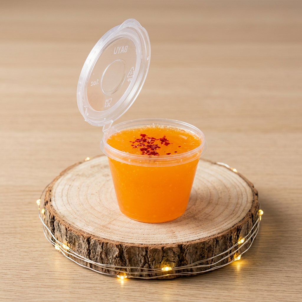 Fondant Jelly Orange Cannelle dans un pot transparent ouvert, posé sur un rondin entouré d’une guirlande lumineuse.