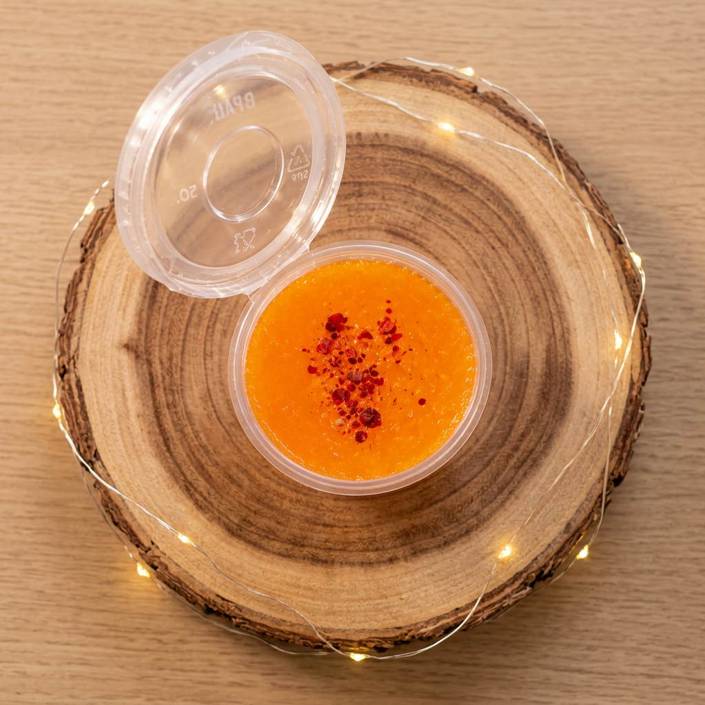  Fondant Jelly Orange Cannelle vu du dessus, avec des éclats rouges sur sa surface orange, dans un pot ouvert sur un rondin de bois.


