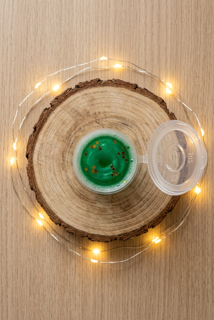 Fondant Jelly Sapin de Noël vu de dessus, gel vert parsemé d’étoiles dorées, couvercle ouvert à droite, sur un rondin avec guirlande lumineuse.