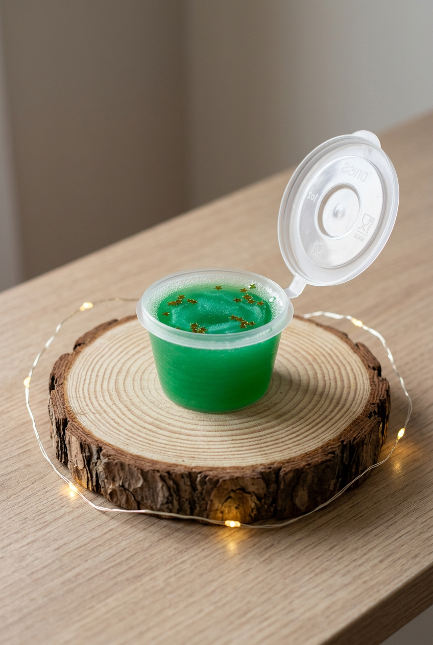  Fondant Jelly Sapin de Noël vert aux étoiles dorées, en pot transparent ouvert, sur un rondin entouré d’une guirlande lumineuse.