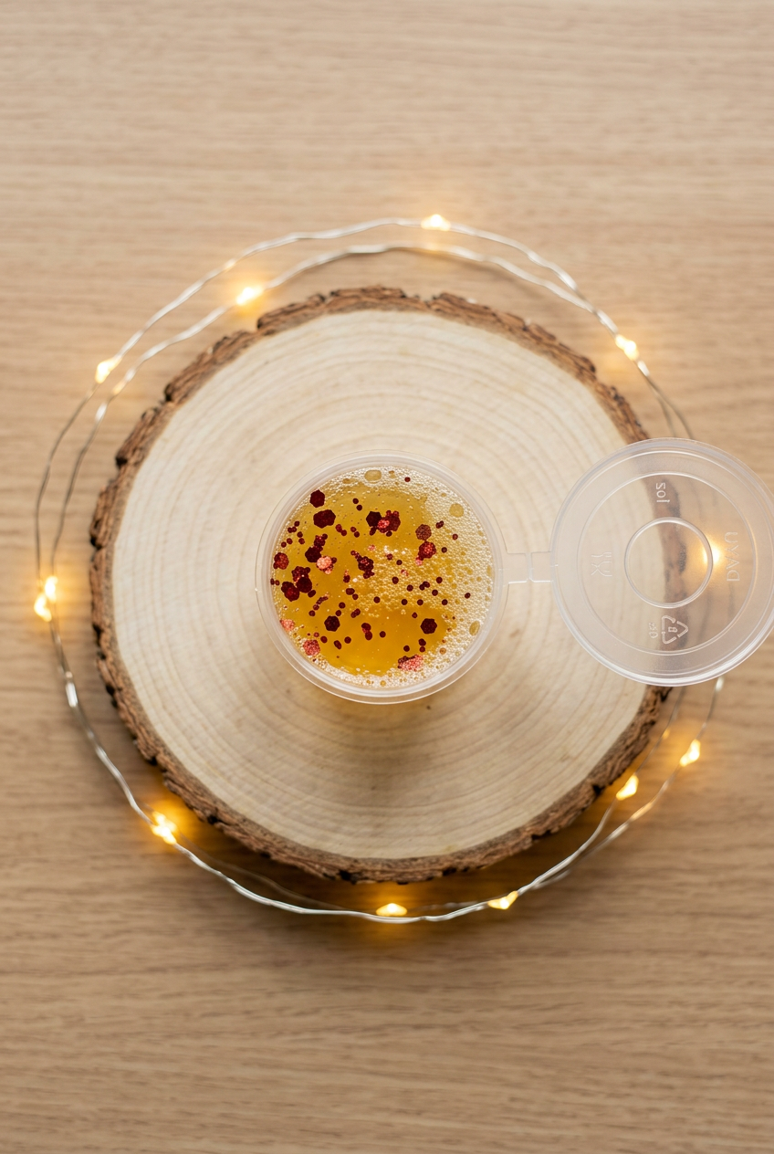 Fondant Jelly Souvenirs d’enfance vu de dessus, gel jaune doré aux paillettes cuivrées, couvercle ouvert à droite, sur un rondin.