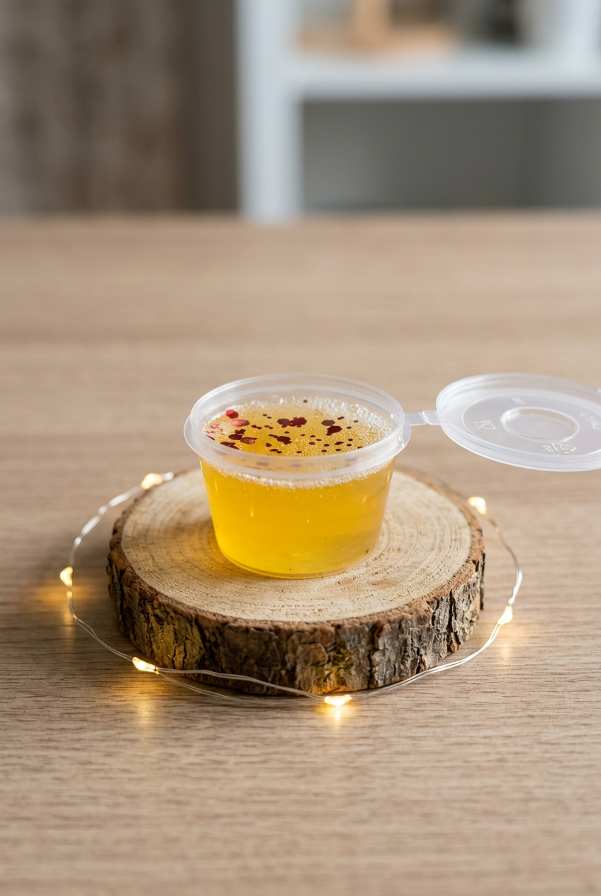 Fondant Jelly Souvenirs d’enfance jaune doré en pot transparent ouvert, sur un rondin entouré d’une guirlande lumineuse.
