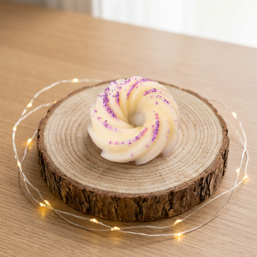 Fondant parfumé Lilas ivoire en anneau torsadé à paillettes violettes, posé sur un rondin entouré d’une guirlande lumineuse.