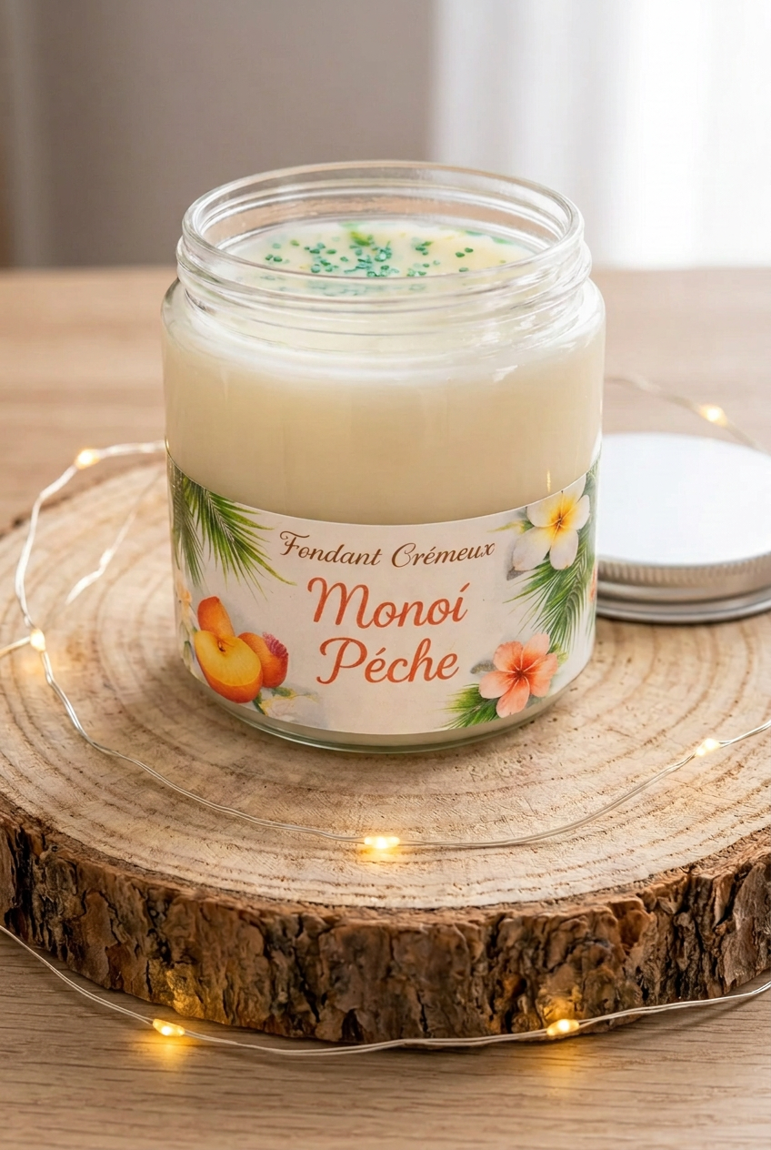 Fondant crémeux Monoï Pêche en pot ouvert, cire ivoire aux éclats verts, sur un rondin avec guirlande et plan de travail en bois clair.