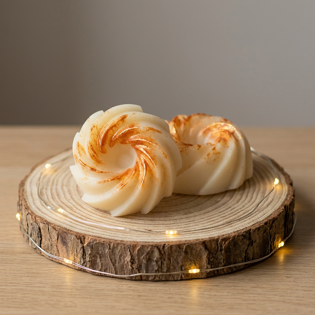  Deux fondants parfumés Mangue Papaye ivoire en spirale aux reflets dorés, présentés sur un rondin entouré d’une guirlande lumineuse.