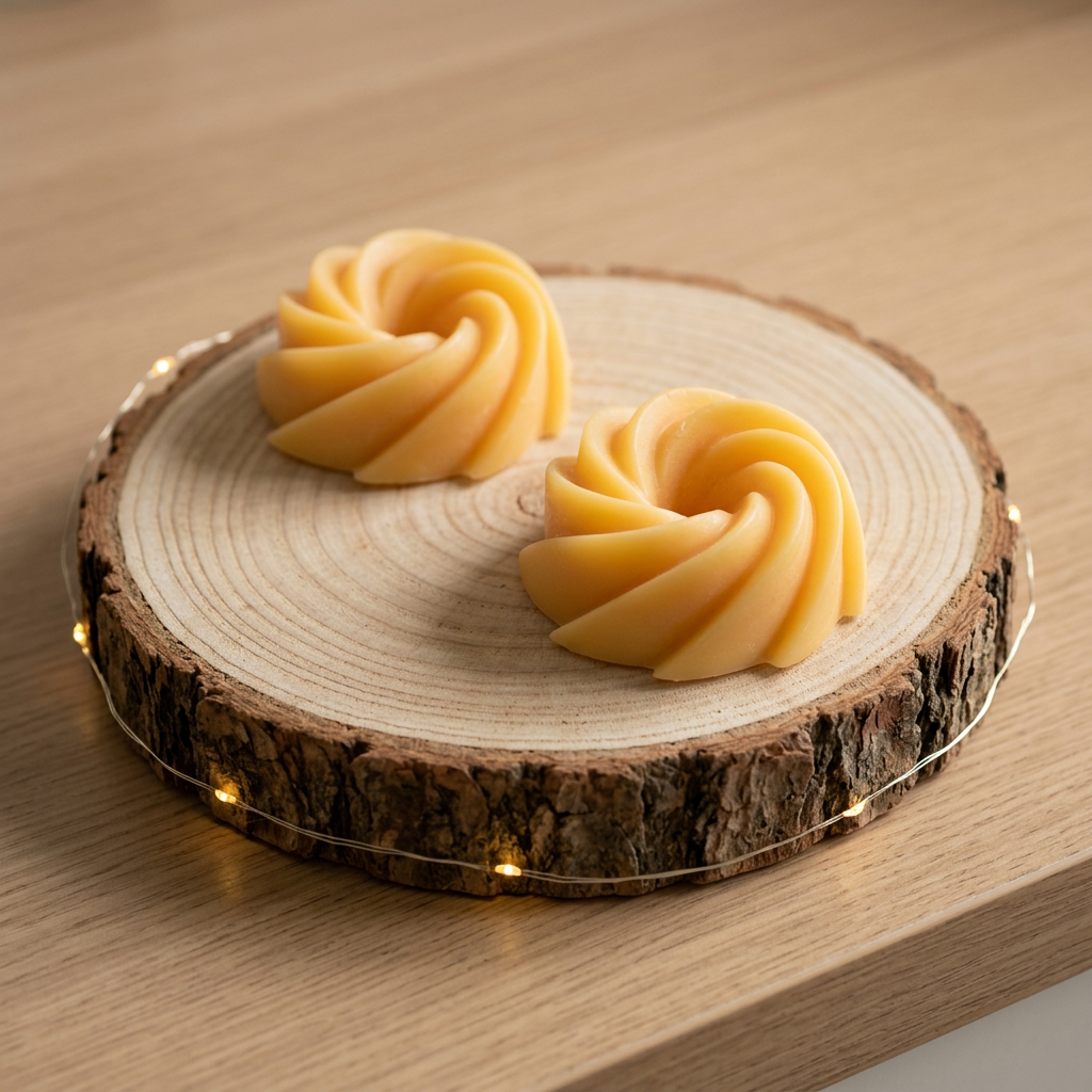 Deux fondants parfumés Pêche jaunes en spirale, présentés l’un derrière l’autre sur un rondin entouré d’une guirlande lumineuse.