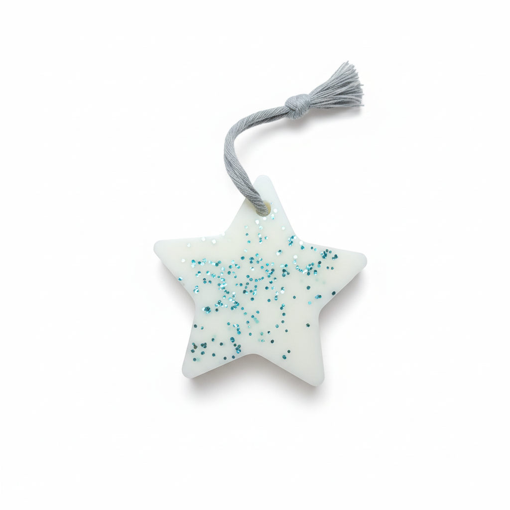 "Suspension parfumée décorative - Collection de formes etoile en cire naturelle avec paillette bleu artisanale française"