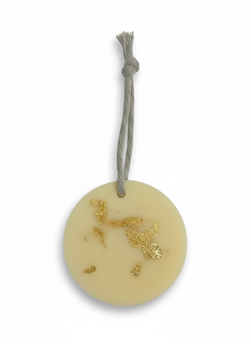  "Suspension parfumée décorative ronde en cire naturelle avec feuille d'or avec cordon gris"