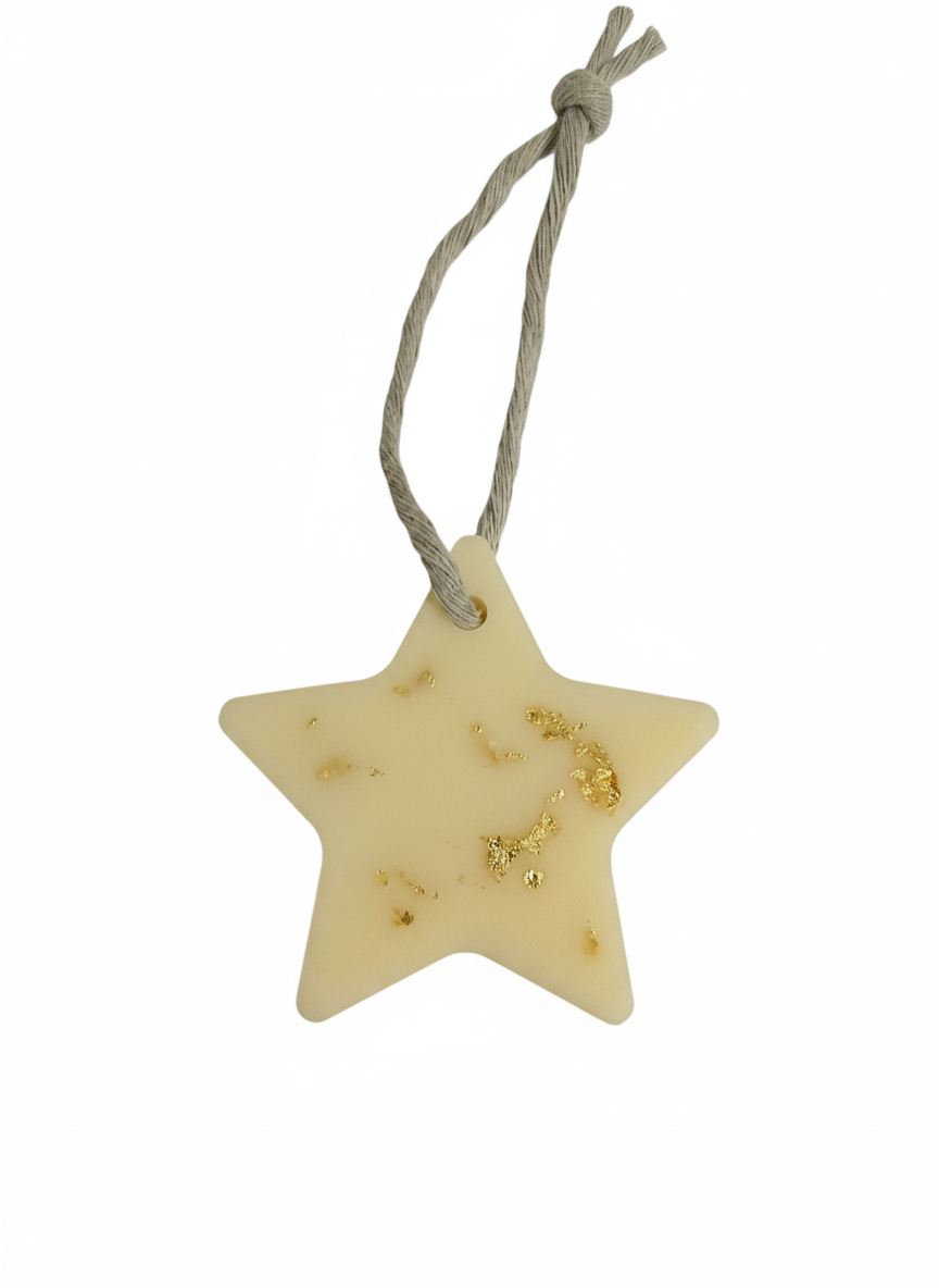   "Suspension parfumée décorative etoile en cire naturelle avec feuille d'or décoratives et cordon gris"