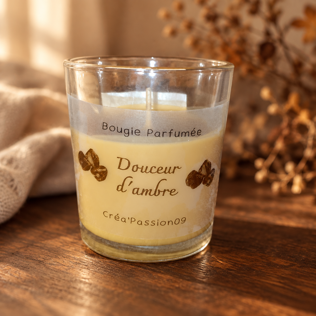 Bougie parfumée Ambre Créa'Passion09 en pot de verre, posée sur du bois foncé dans une ambiance automnale chaleureuse