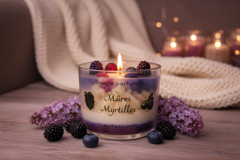 Ambiance cosy avec bougie Mûres Myrtilles - Atmosphère chaleureuse et gourmande