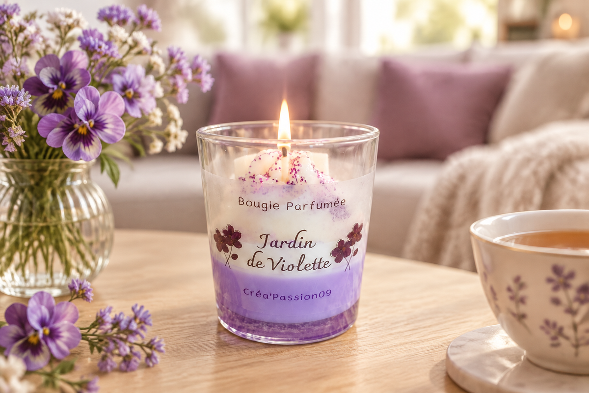 Bougie parfumée Violette Créa'Passion09 allumée sur une table basse en bois clair avec bouquet de fleurs violettes et plaid