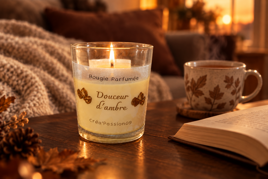 Bougie parfumée Ambre Créa'Passion09 allumée sur une table basse en bois foncé dans un salon cosy avec plaid et tasse de thé