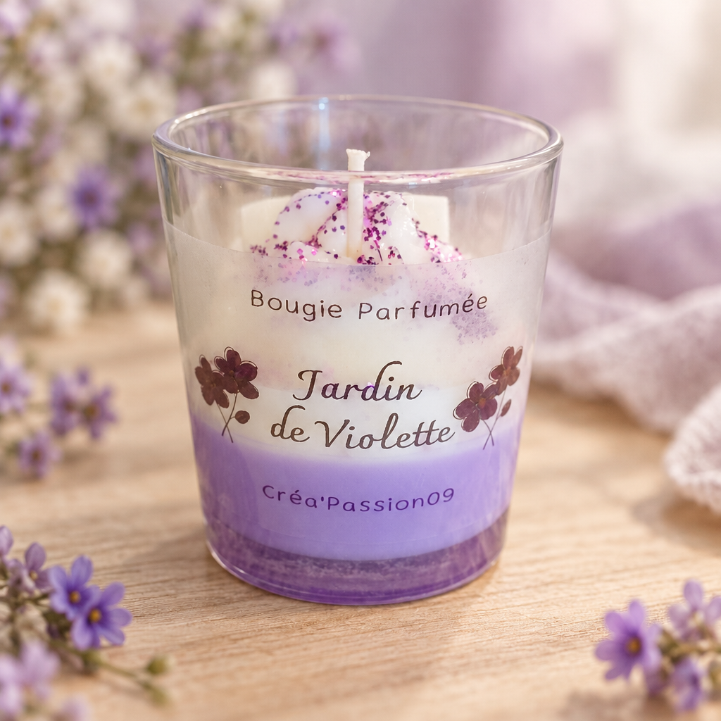 Bougie parfumée Violette Créa'Passion09 en pot de verre, posée sur du bois clair dans une ambiance florale mauve
