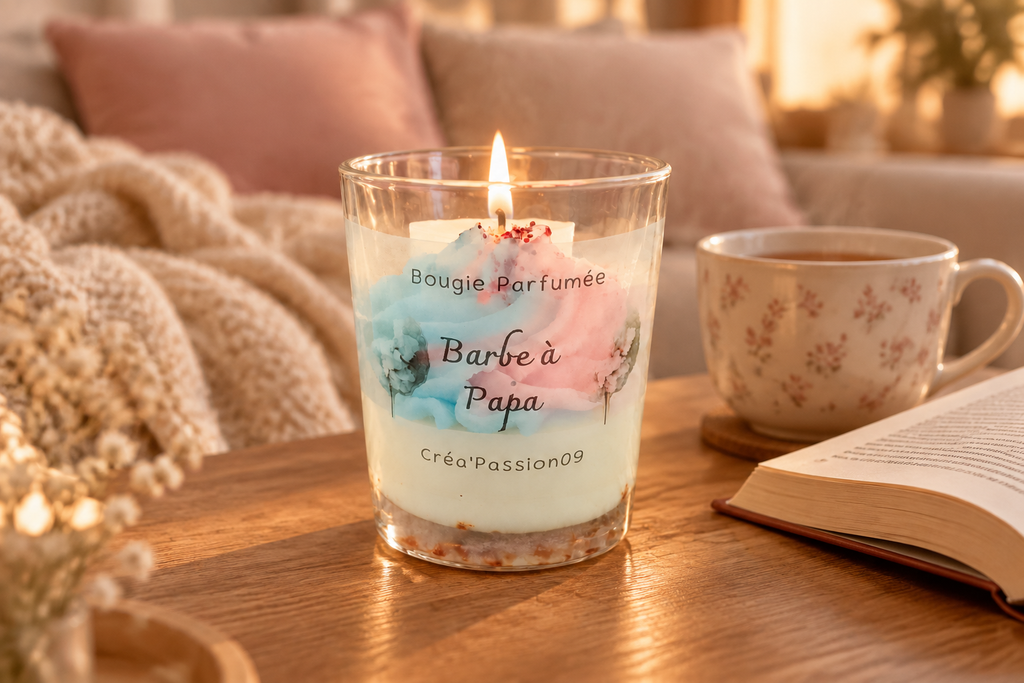 Bougie parfumée Barbe à Papa Créa'Passion09 allumée sur une table basse en bois dans un salon cocooning avec plaid et tasse de thé