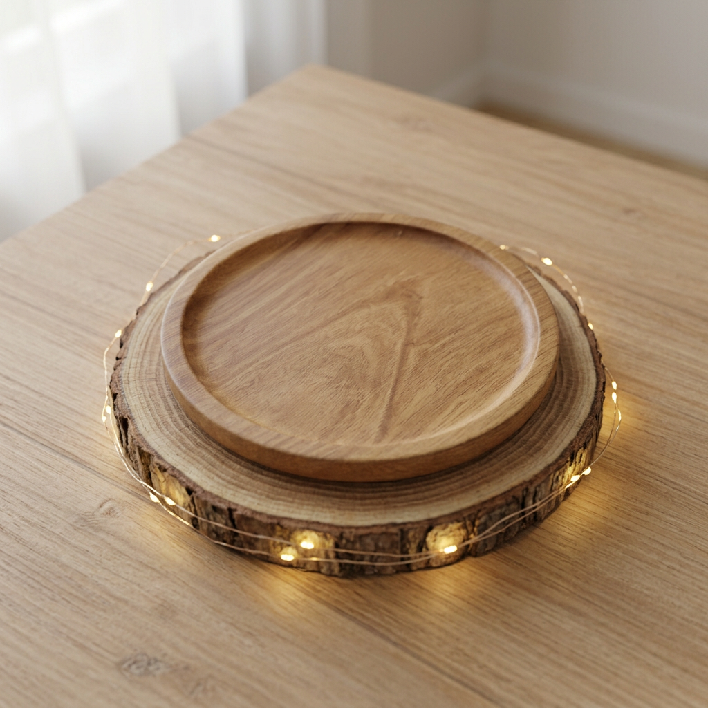 Petit plateau rond en bois naturel, vide et à rebord creusé, posé sur un rondin entouré d’une guirlande lumineuse.